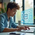 Человек ставит SMART-цели в цифровом планировщике на фоне символов тайм-менеджмента и личного развития