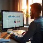 Рабочее место с компьютером, экран которого показывает расширения Google Chrome для продуктивности, таймер Помодоро и графики аналитики для личной эффективности