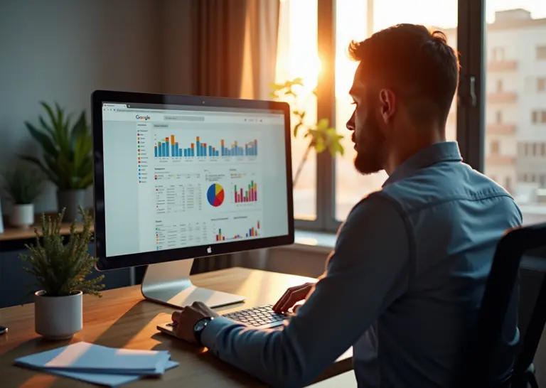 Рабочее место с компьютером, экран которого показывает расширения Google Chrome для продуктивности, таймер Помодоро и графики аналитики для личной эффективности