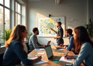 Красочная интеллект-карта на рабочем столе с людьми, участвующими в брейншторме, символизирующая продуктивность и личностное развитие